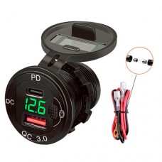Автомобільний зарядний USB QC3.0 18 Вт Type-C PD вольметр 12-24В врізний